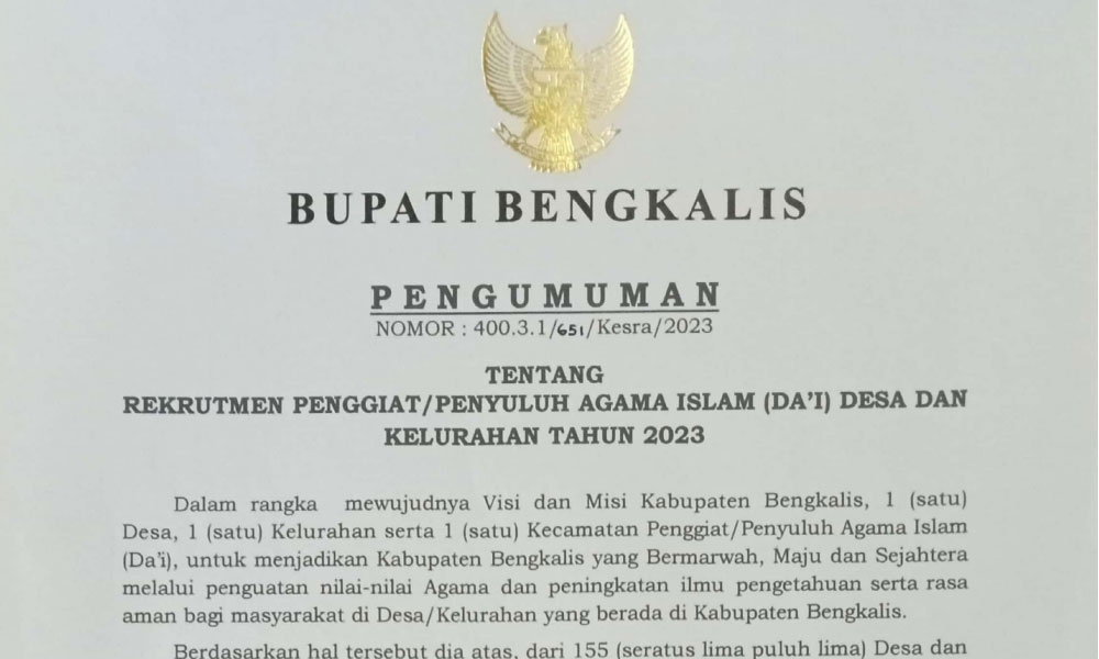 Pemkab Bengkalis Kembali Rekrut Penyuluh Dai Desa dan Kelurahan, Berikut Syaratnya