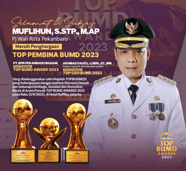 Terima Penghargaan Top Pembina BUMD Awards 2023 PJ Walikota Pekanbaru